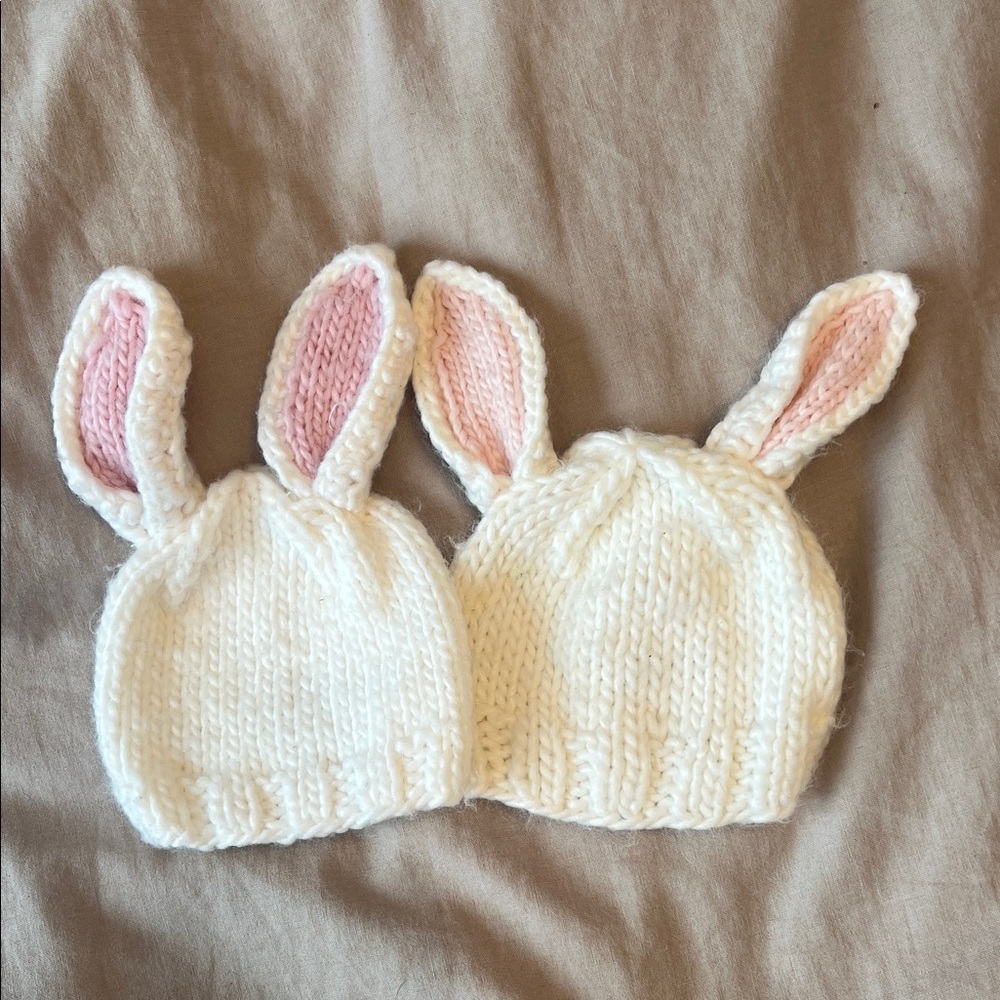 Adorable White Bunny Ear Knit Hats for Infant Twins